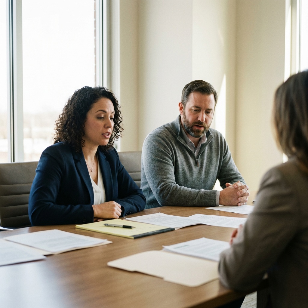 Two adults seated across a conference table reviewing documents during a divorce mediation session with a neutral third party present.